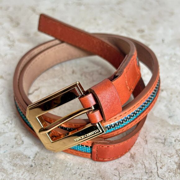 Vince Camuto Skinny Belt Tan Brown Faux Vegan Leather Blue Tapestry Inset - Picture 7 of 11